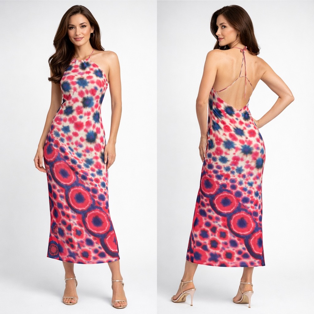 Zara maxi Sun Dress, abstarct tie dye circles dress, red/blue/white size S